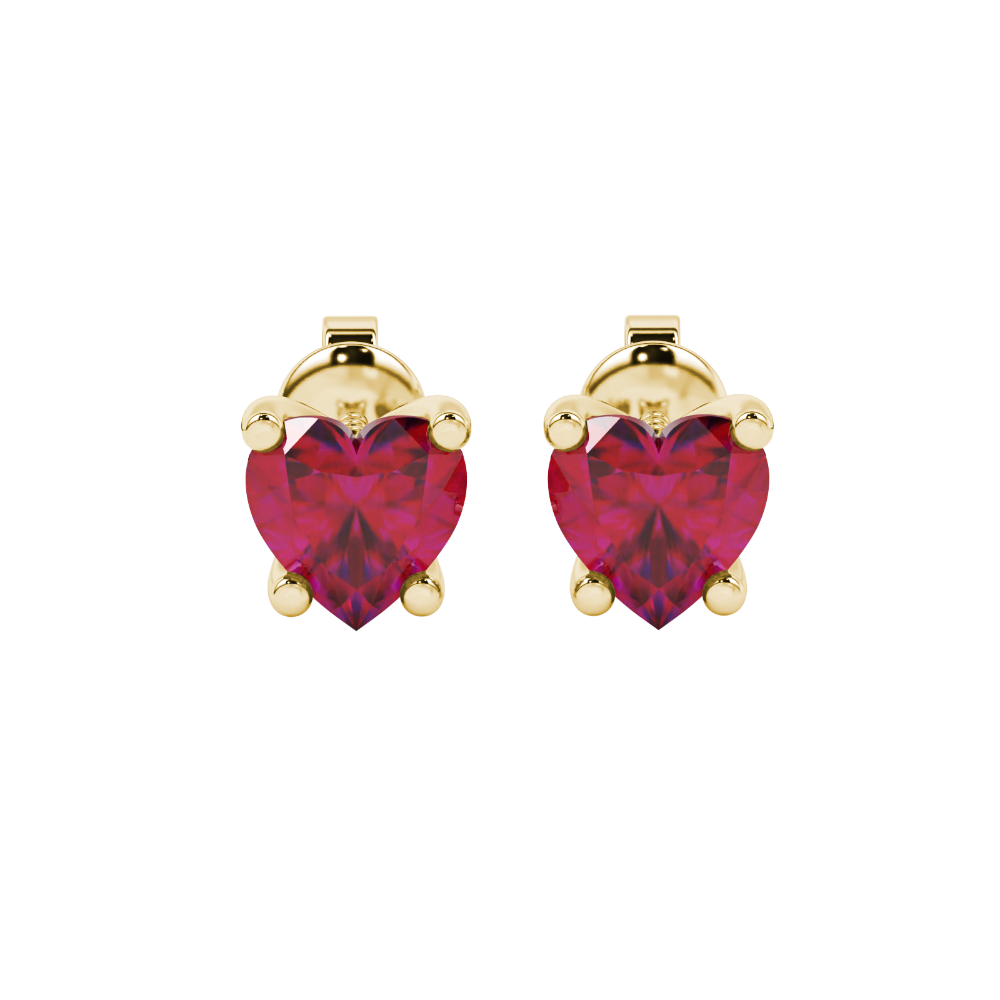 Raspberry Red Heart Cut Gemstone Solitaire Stud Earrings in Yellow Gold