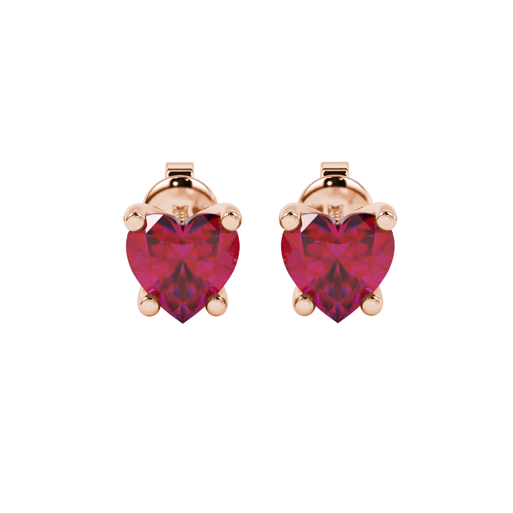 Raspberry Red Heart Cut Gemstone Solitaire Stud Earrings in Yellow Gold