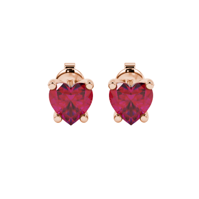 Raspberry Red Heart Cut Gemstone Solitaire Stud Earrings in Yellow Gold