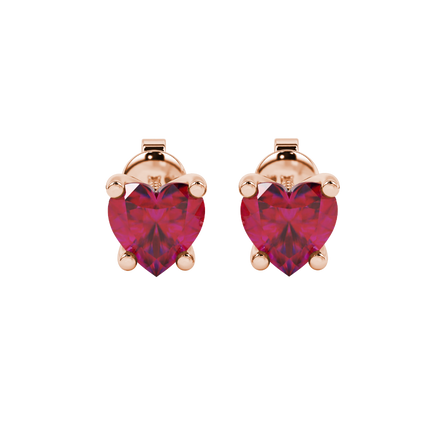 Raspberry Red Heart Cut Gemstone Solitaire Stud Earrings in Yellow Gold