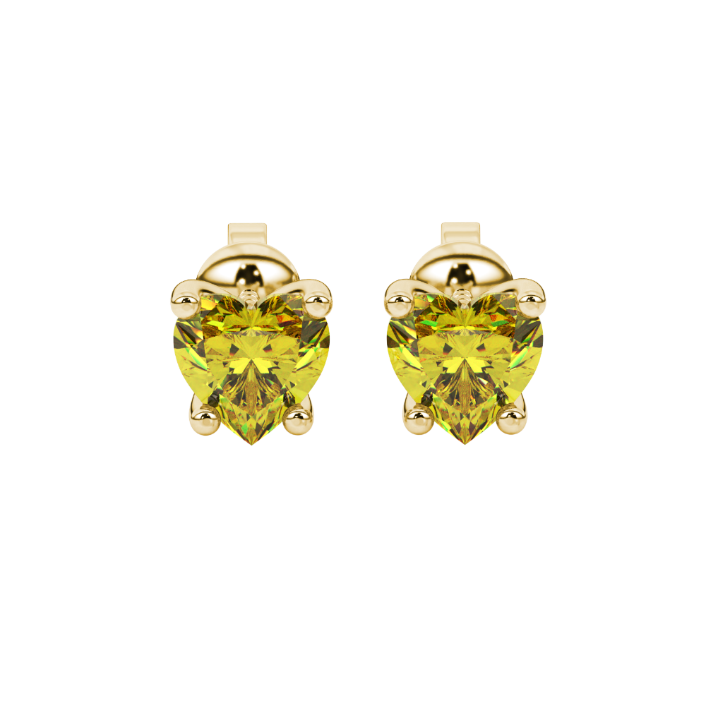Canary Yellow Heart Cut Gemstone Solitaire Stud Earrings in Yellow Gold