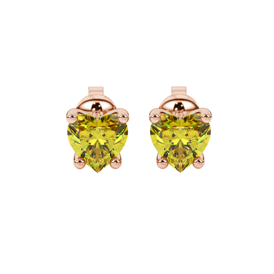 Canary Yellow Heart Cut Gemstone Solitaire Stud Earrings in Yellow Gold