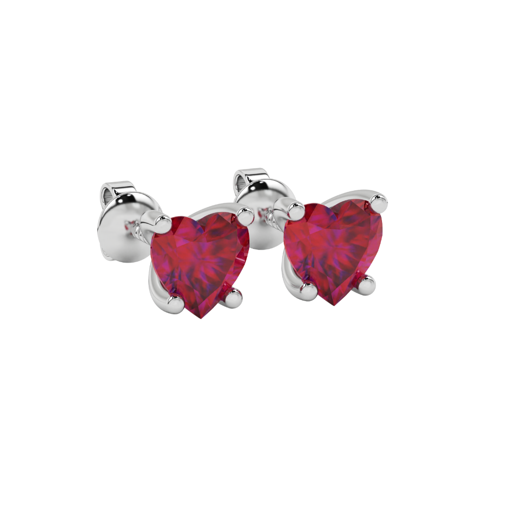 Raspberry Red Heart Cut Gemstone Solitaire Stud Earrings in Yellow Gold