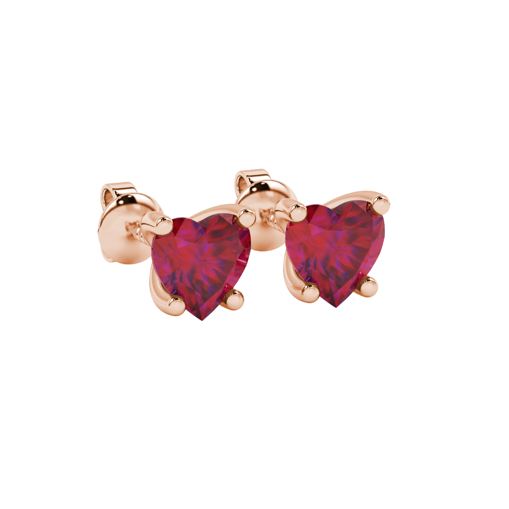 Raspberry Red Heart Cut Gemstone Solitaire Stud Earrings in Yellow Gold