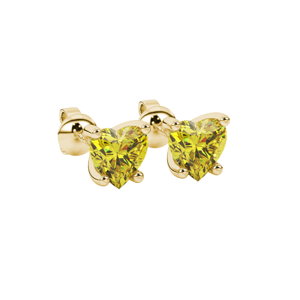 Canary Yellow Heart Cut Gemstone Solitaire Stud Earrings in Yellow Gold