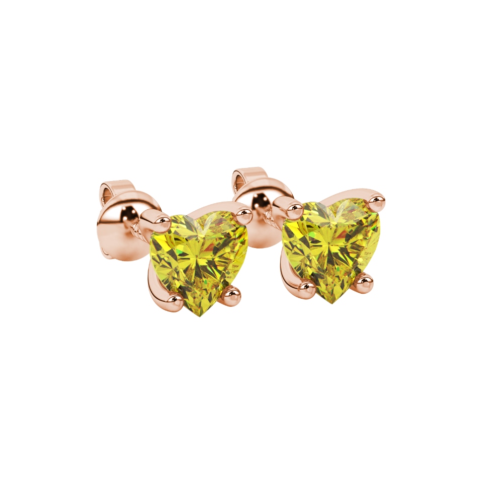 Canary Yellow Heart Cut Gemstone Solitaire Stud Earrings in Yellow Gold