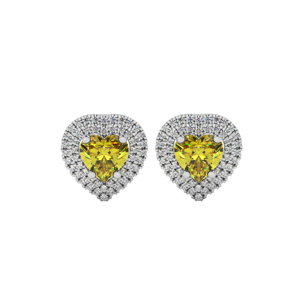 Canary Yellow heart halo gemstone stud earrings with double diamond halo in yellow gold