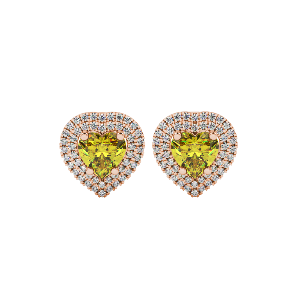 Canary Yellow heart halo gemstone stud earrings with double diamond halo in yellow gold