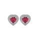 Raspberry Red heart halo gemstone stud earrings with double diamond halo in yellow gold