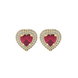 Raspberry Red heart halo gemstone stud earrings with double diamond halo in yellow gold