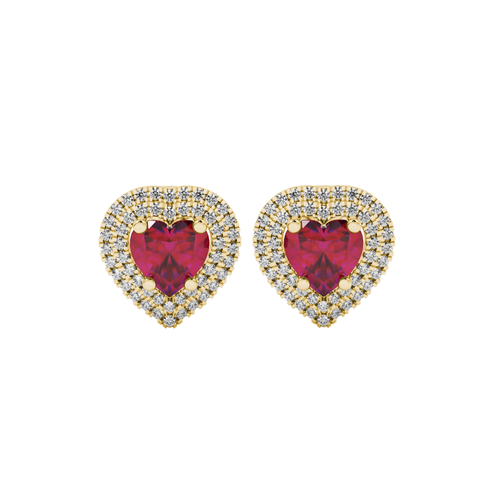 Raspberry Red heart halo gemstone stud earrings with double diamond halo in yellow gold