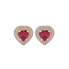 Raspberry Red heart halo gemstone stud earrings with double diamond halo in yellow gold