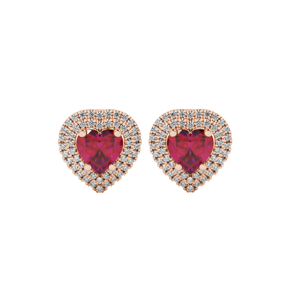 Raspberry Red heart halo gemstone stud earrings with double diamond halo in yellow gold