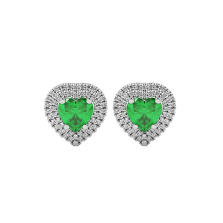 Emerald Green heart halo gemstone stud earrings with double diamond halo in white gold