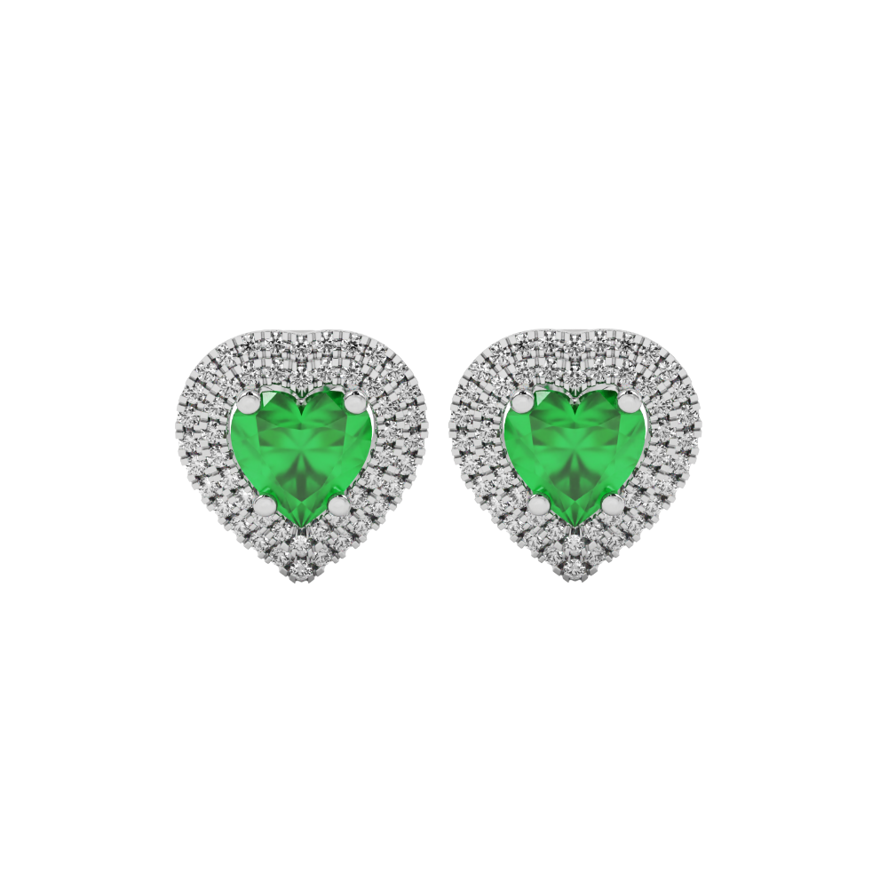 Emerald Green heart halo gemstone stud earrings with double diamond halo in yellow gold