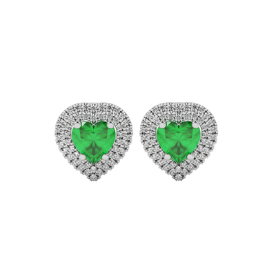 Emerald Green heart halo gemstone stud earrings with double diamond halo in white gold
