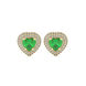 Emerald Green heart halo gemstone stud earrings with double diamond halo in yellow gold