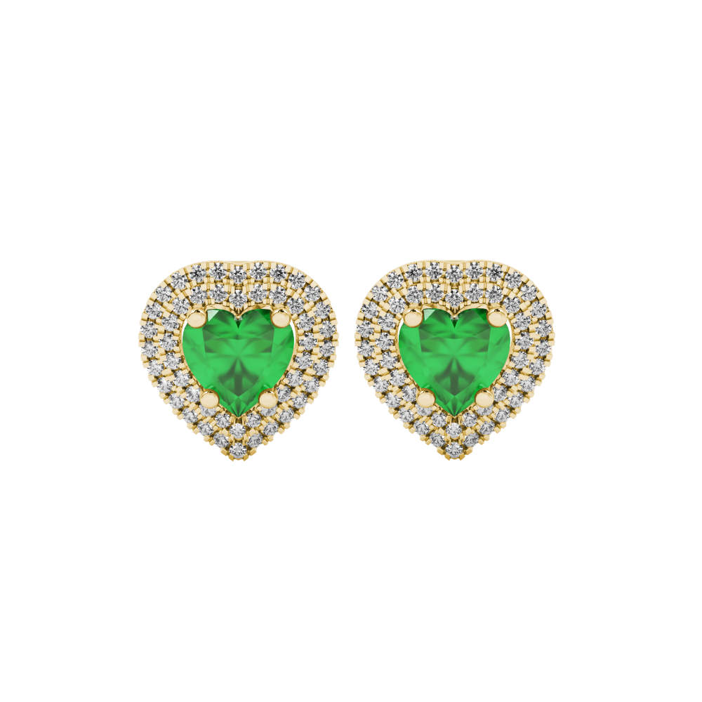 Emerald Green heart halo gemstone stud earrings with double diamond halo in yellow gold