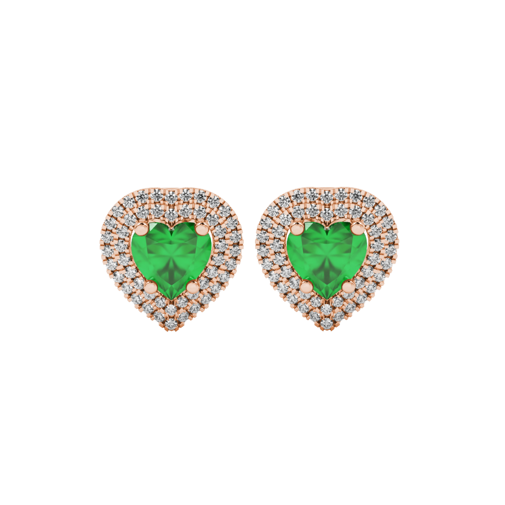 Emerald Green heart halo gemstone stud earrings with double diamond halo in yellow gold