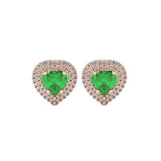 Emerald Green heart halo gemstone stud earrings with double diamond halo in rose gold
