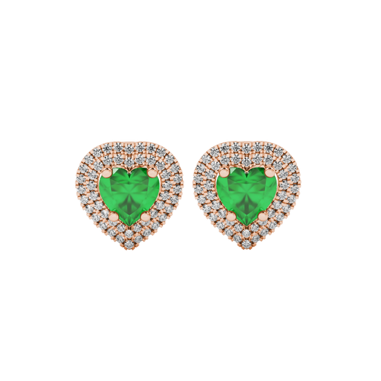 Emerald Green heart halo gemstone stud earrings with double diamond halo in rose gold