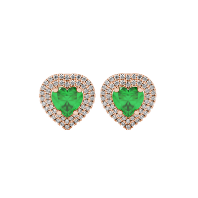 Emerald Green heart halo gemstone stud earrings with double diamond halo in yellow gold