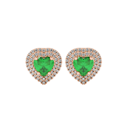 Emerald Green heart halo gemstone stud earrings with double diamond halo in yellow gold