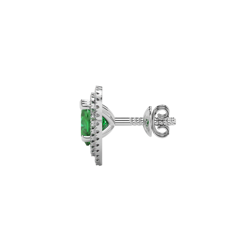 Emerald Green heart halo gemstone stud earrings with double diamond halo in yellow gold