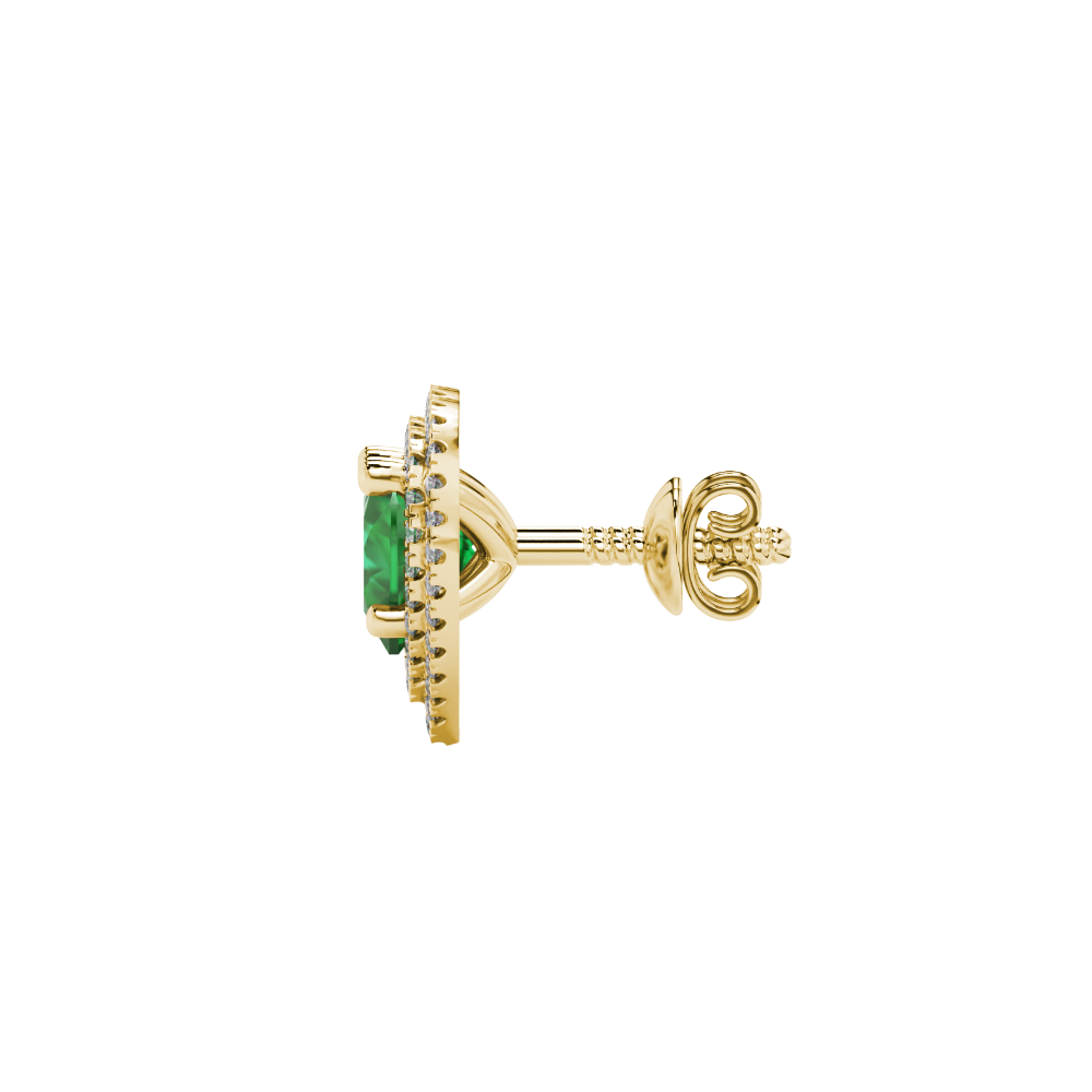 Emerald Green heart halo gemstone stud earrings with double diamond halo in yellow gold