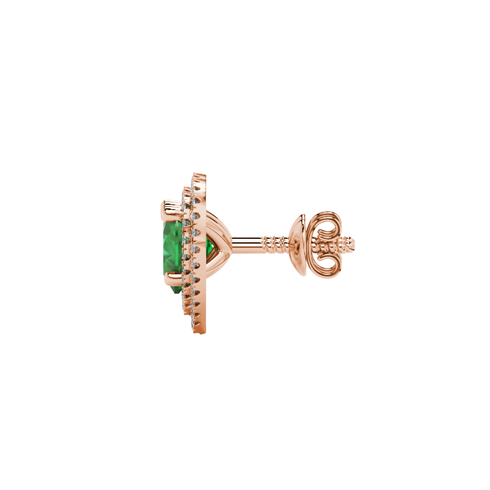 Emerald Green heart halo gemstone stud earrings with double diamond halo in yellow gold
