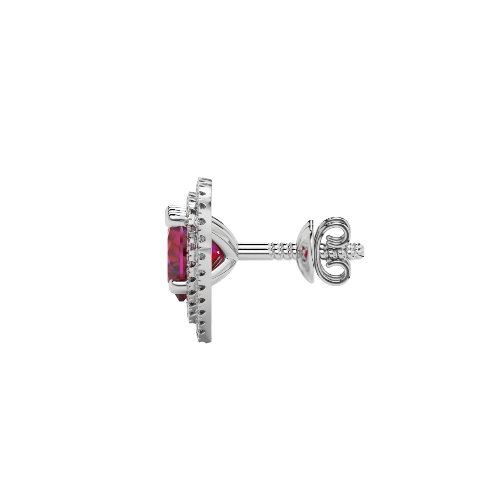 Raspberry Red heart halo gemstone stud earrings with double diamond halo in yellow gold