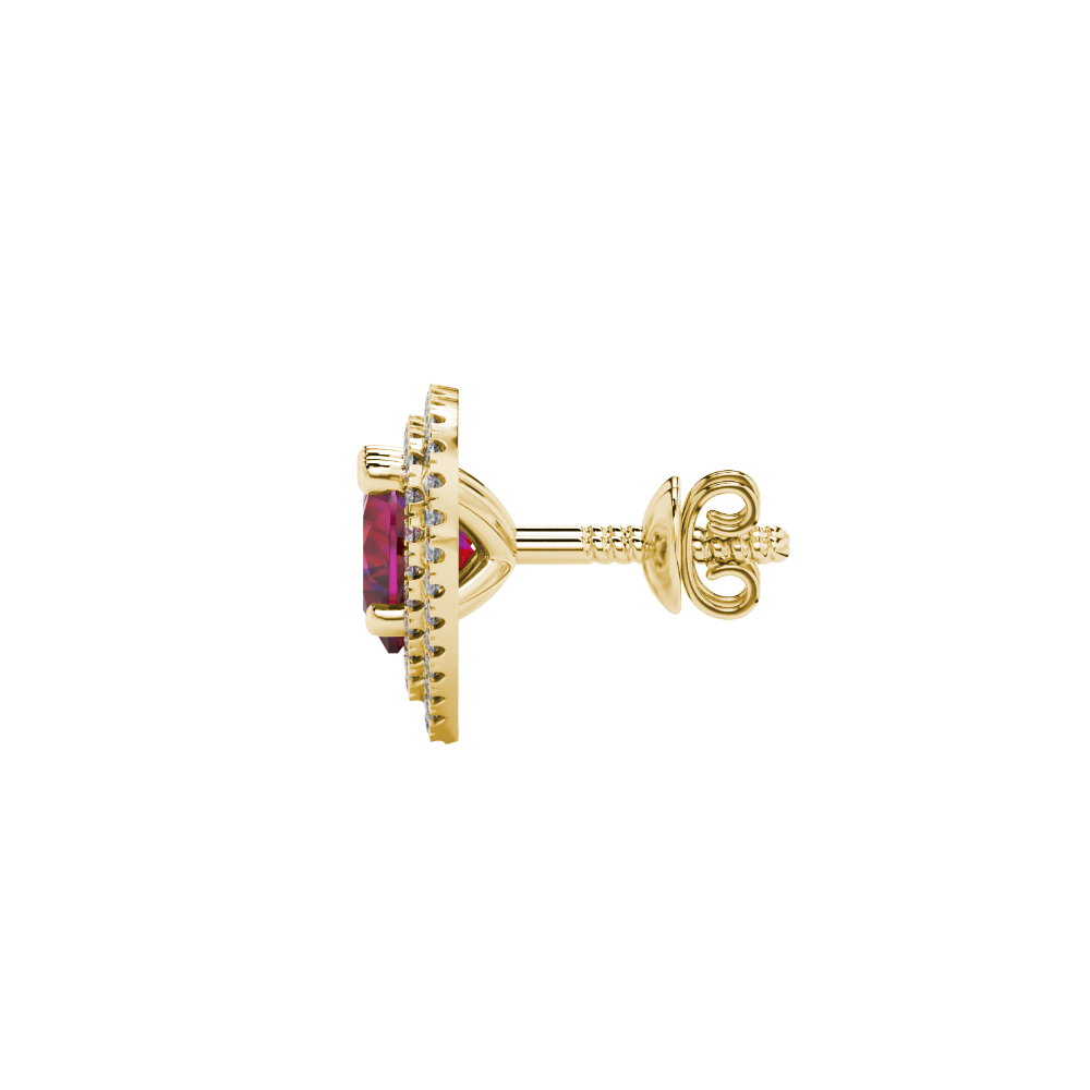 Raspberry Red heart halo gemstone stud earrings with double diamond halo in yellow gold