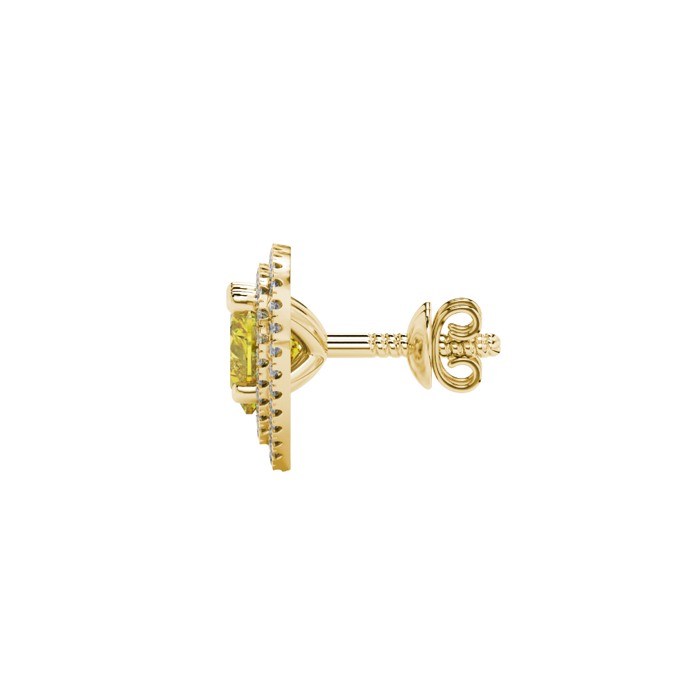 Canary Yellow heart halo gemstone stud earrings with double diamond halo in yellow gold