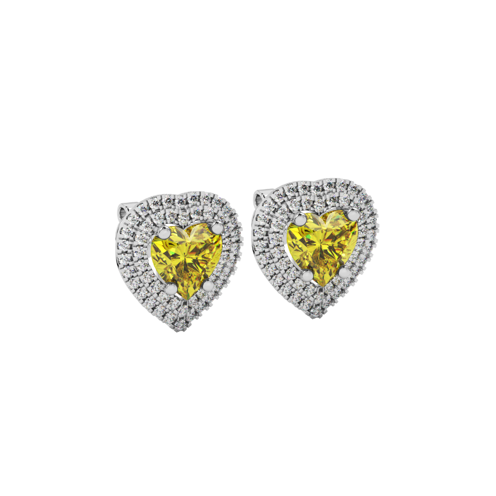 Canary Yellow heart halo gemstone stud earrings with double diamond halo in yellow gold