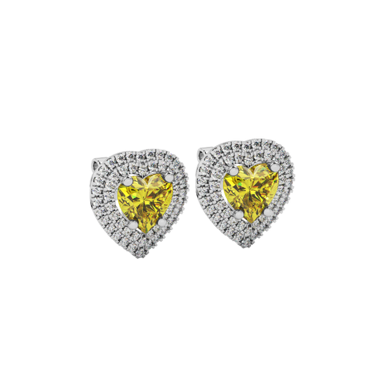 Canary Yellow heart halo gemstone stud earrings with double diamond halo in white gold
