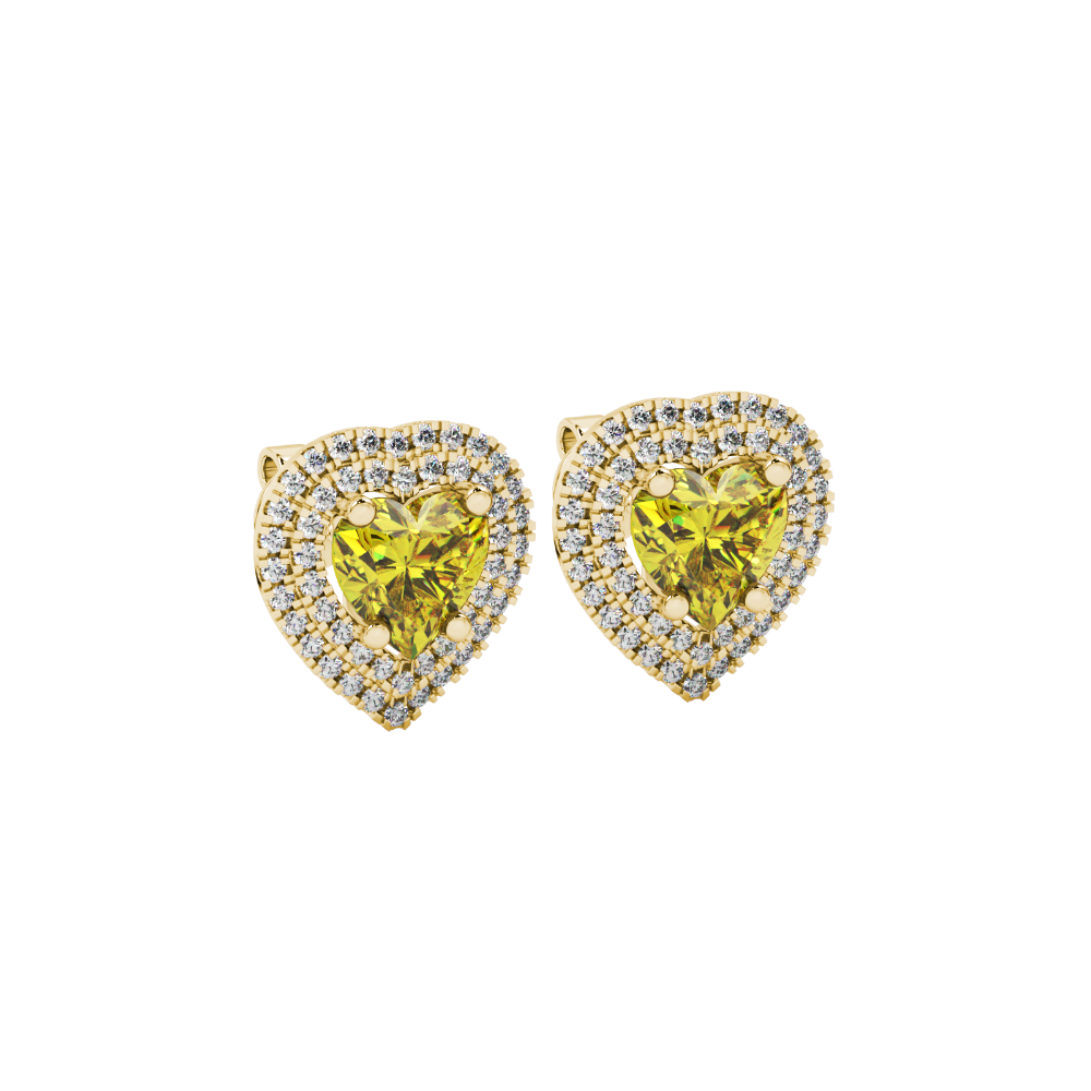 Canary Yellow heart halo gemstone stud earrings with double diamond halo in yellow gold