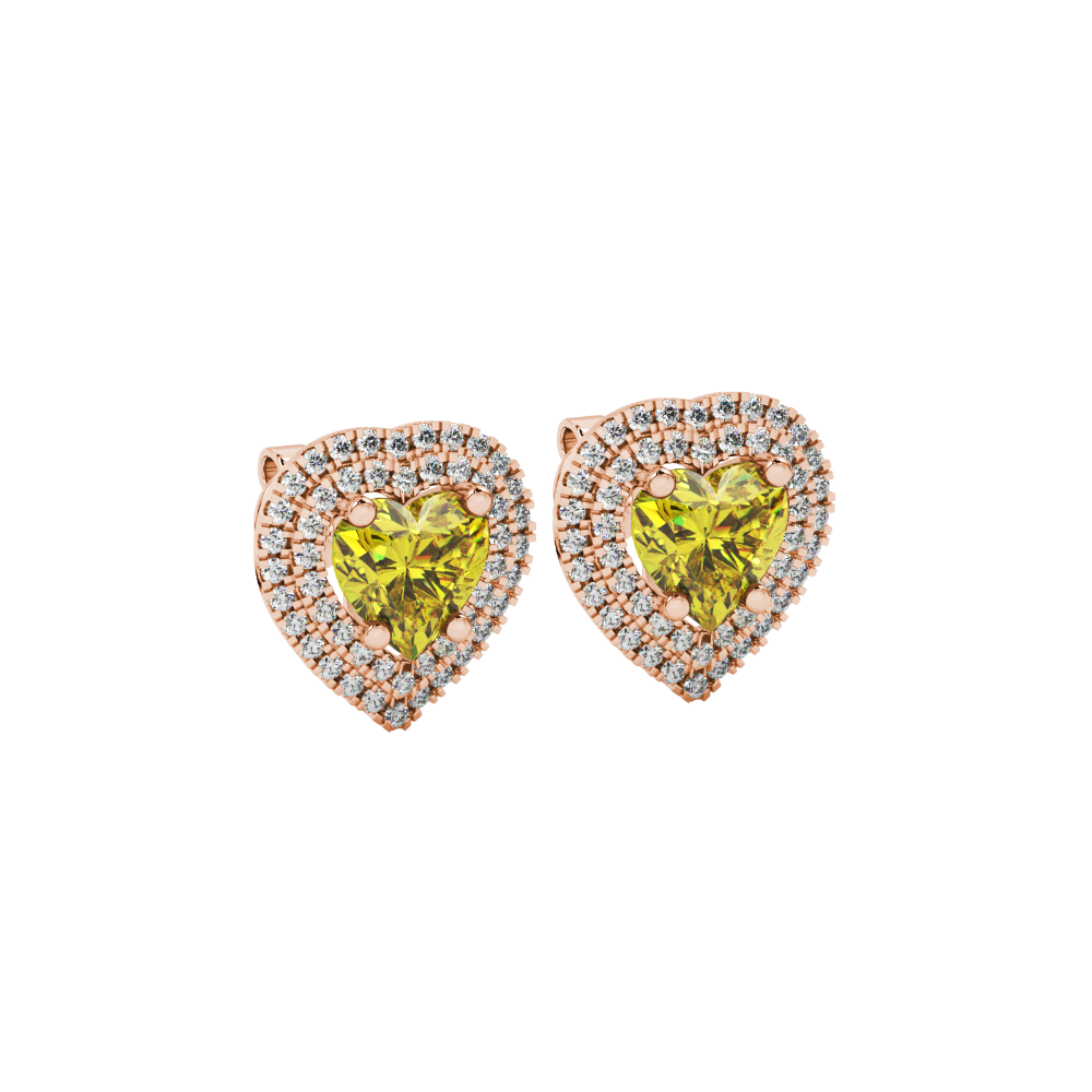 Canary Yellow heart halo gemstone stud earrings with double diamond halo in yellow gold