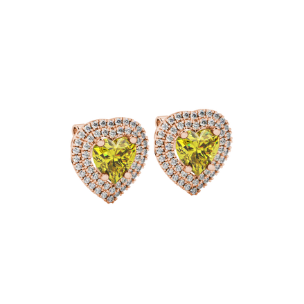 Canary Yellow heart halo gemstone stud earrings with double diamond halo in yellow gold