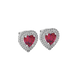 Raspberry Red heart halo gemstone stud earrings with double diamond halo in yellow gold