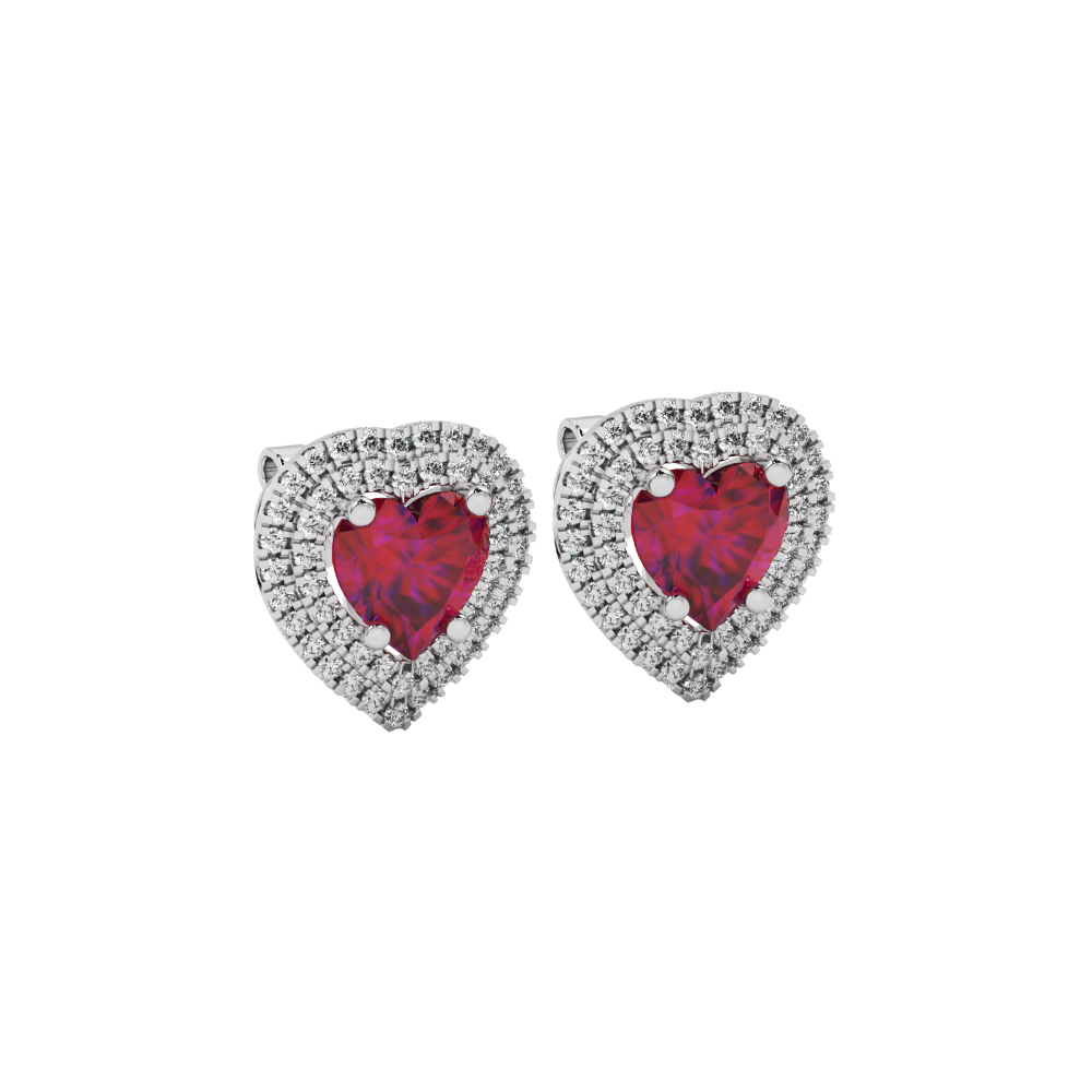 Raspberry Red heart halo gemstone stud earrings with double diamond halo in yellow gold