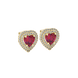 Raspberry Red heart halo gemstone stud earrings with double diamond halo in yellow gold