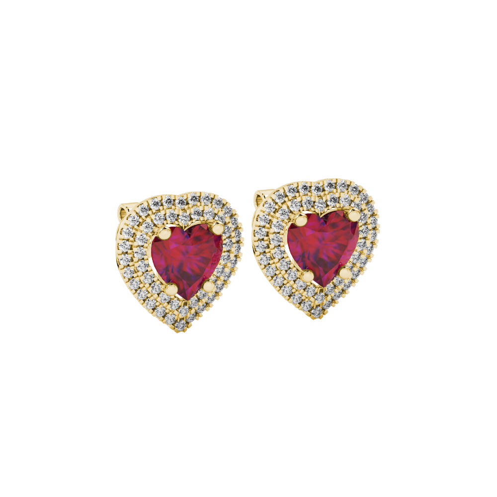 Raspberry Red heart halo gemstone stud earrings with double diamond halo in yellow gold