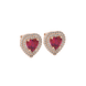Raspberry Red heart halo gemstone stud earrings with double diamond halo in yellow gold