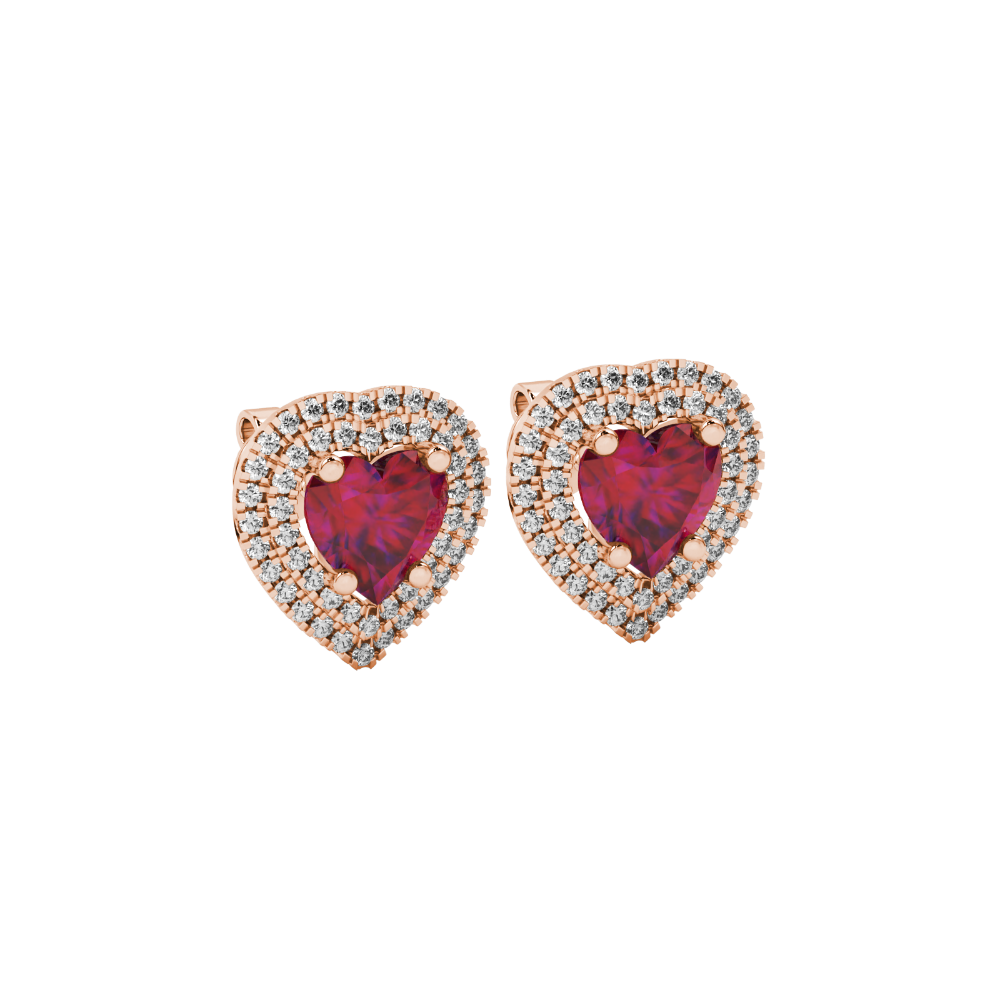 Raspberry Red heart halo gemstone stud earrings with double diamond halo in yellow gold