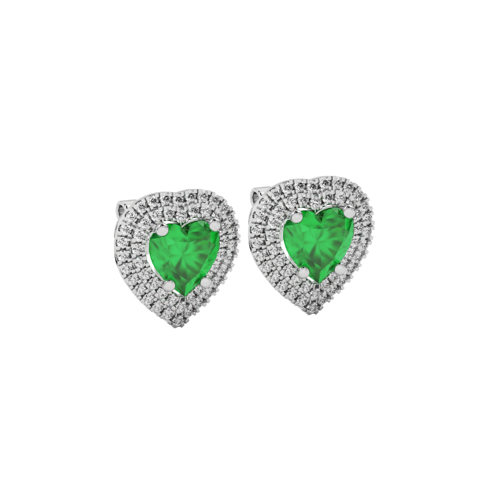 Emerald Green heart halo gemstone stud earrings with double diamond halo in yellow gold