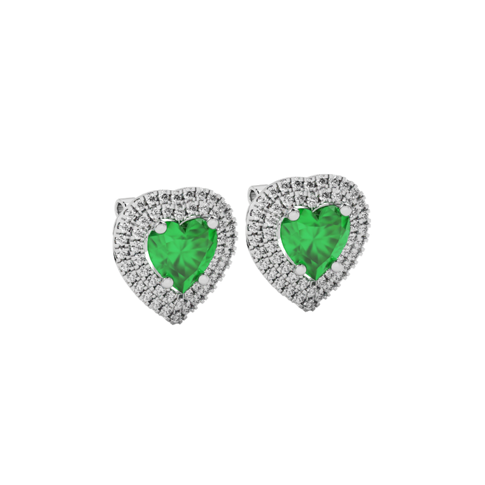 Emerald Green heart halo gemstone stud earrings with double diamond halo in yellow gold