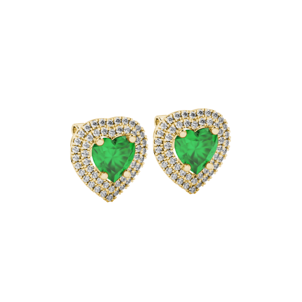 Emerald Green heart halo gemstone stud earrings with double diamond halo in yellow gold