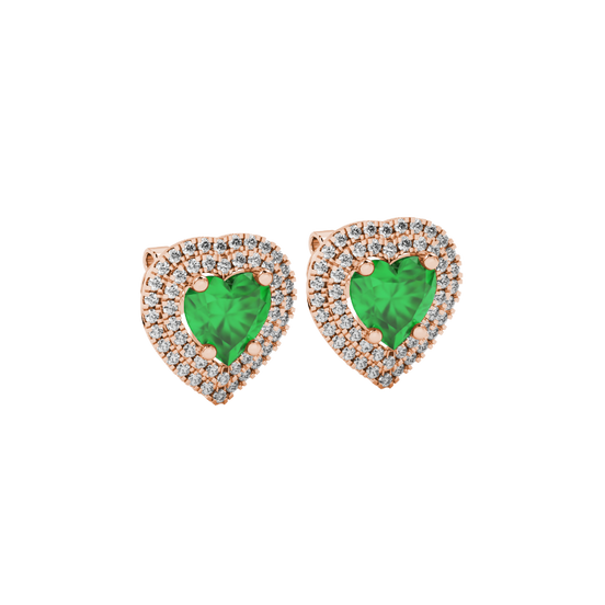 Emerald Green heart halo gemstone stud earrings with double diamond halo in rose gold