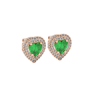 Emerald Green heart halo gemstone stud earrings with double diamond halo in yellow gold