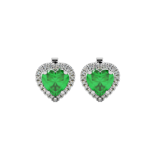 Emerald Green heart cut gemstone halo stud earrings in white gold